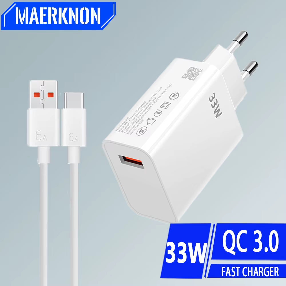 33W USB Fast Charger Quick Charge Mobile Phone Power Adapter for Xiaomi Redmi Note 13 12 11 10 Iphone Samsung EU/US Plug Charger